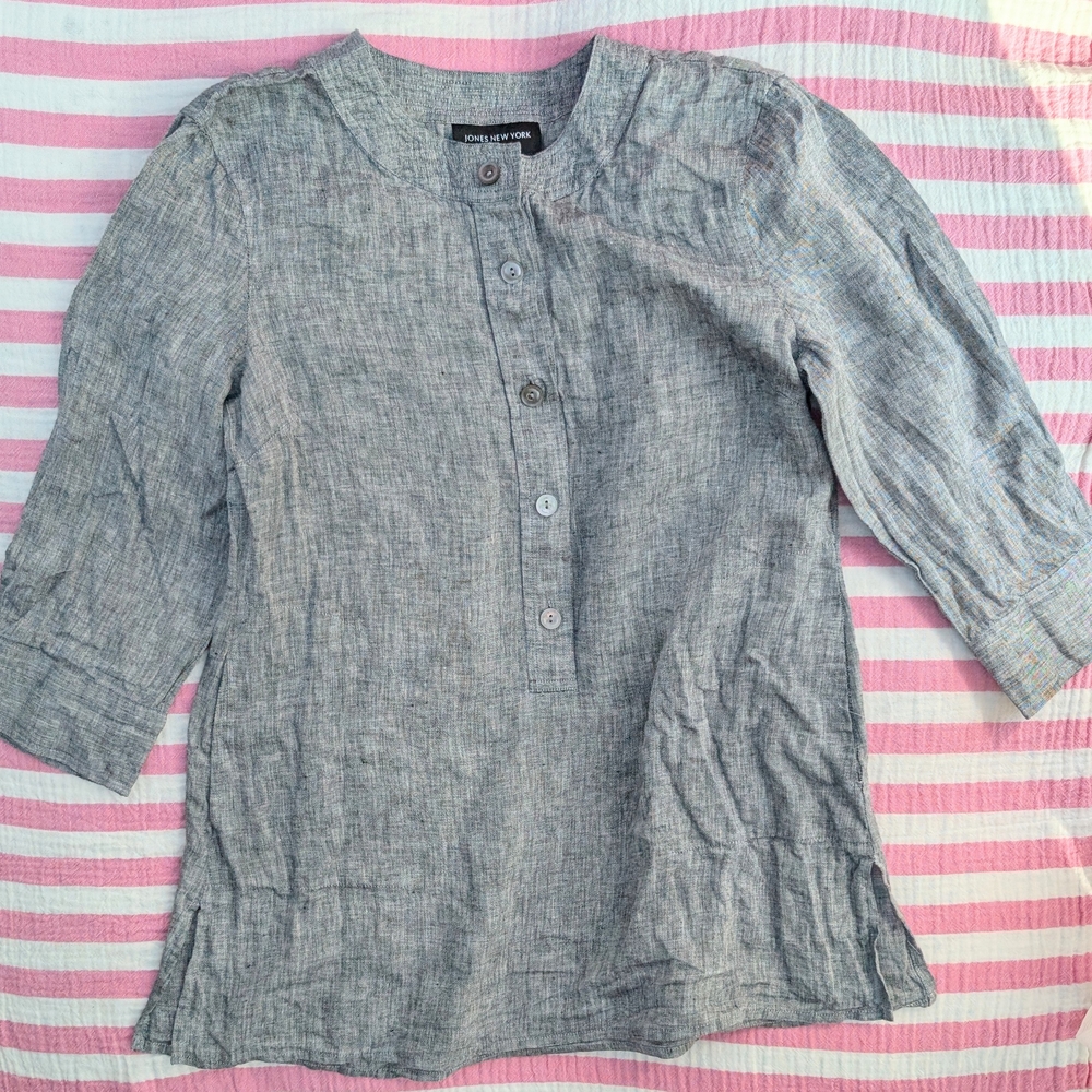 Linen Charcoal Gray Button-Up Top